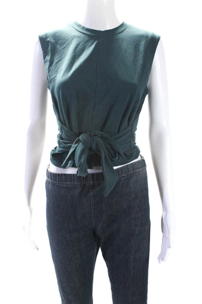 Modern Citizen Womens Cotton Round Neck Sleeveless Wrapped Blouse Green Size S