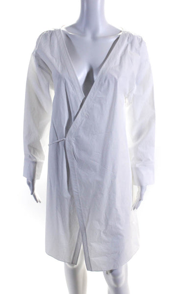 MDRN Womens Long Sleeve V Neck Wrap Shirt Dress White Cotton Size Extra Small