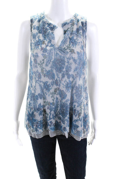 Vanessa Virginia Womens Metallic Floral Ribbed Sleeveless Blouse Blue Size M