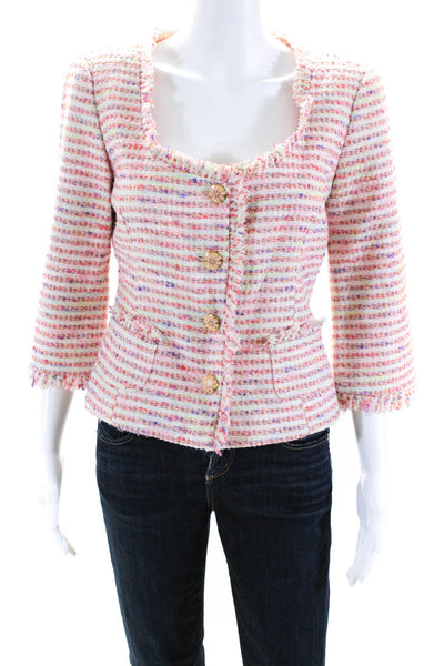 Trina Turk Womens Cotton Striped Print Fringed Buttoned Blazer Pink Size 6
