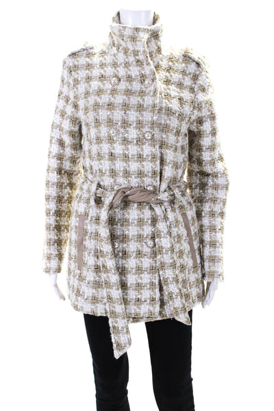 Vila Womens Beige White Textured Double Breasted Belt Long Sleeve Coat Size M