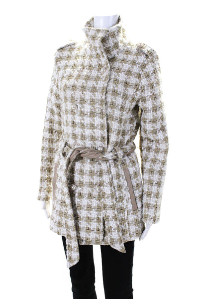 Vila Womens Beige White Textured Double Breasted Belt Long Sleeve Coat Size M