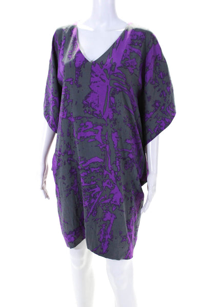 Nicole Miller Womens Abstract Print V Neck Short Tunic Dress Gray Purple Size M