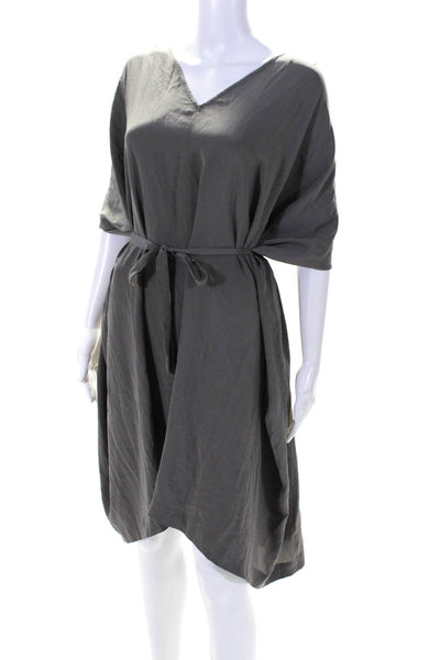 Unconditional Womens V Neck Shawl Collared Tied Waist Sheath Dress Gray Size S