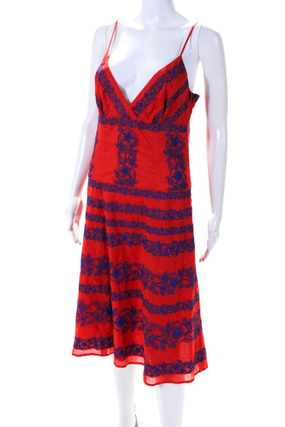Beth Bowley Womens Floral Embroidered Spaghetti Strap Dress Red Blue Size 8