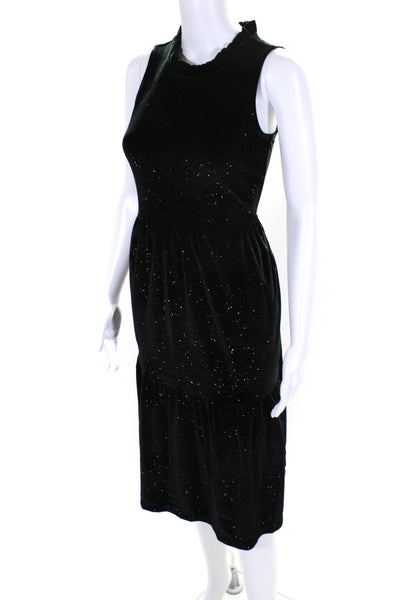 J Crew Women's Ruffle Neck Sleeveless Tiered Glitter Midi Dress Black Size 00
