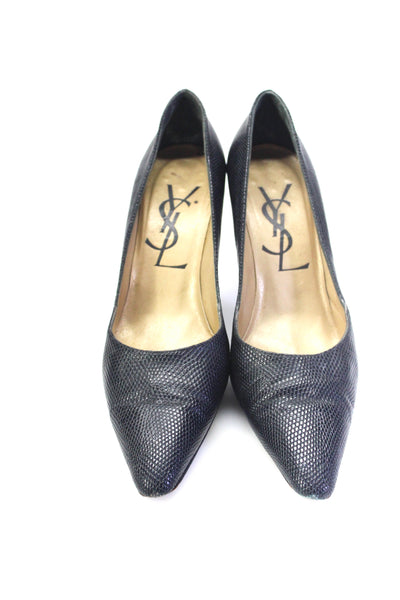 YSL Womens Embossed Leather Pointed Toe Pumps  Black Size 39 9