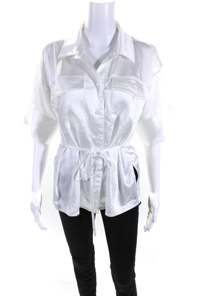 Modern Citizen Women's Short Sleeves Button Down Tie Waist Blouse White Size S