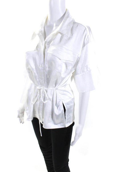 Modern Citizen Women's Short Sleeves Button Down Tie Waist Blouse White Size S