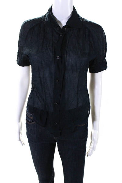 Miu Miu Womens Short Puff Sleeved Collared Button Down Blouse Navy Blue Size 44