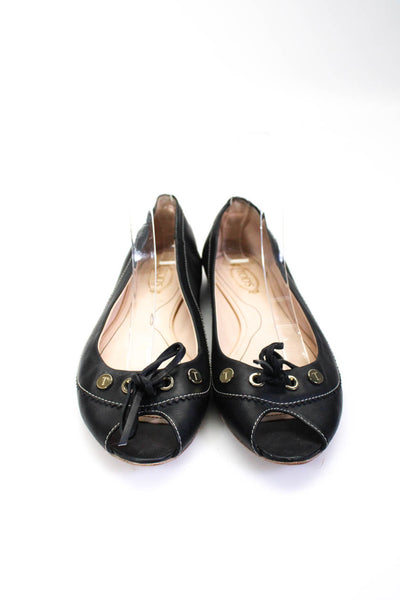 Tods Womens Leather  Stud Bow Accent Peep Toe Drivers Ballet Flats Black Size 9