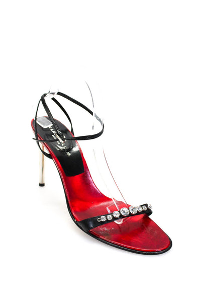 Karen Millen Womens Leather Rhinestone Buckled Ankle Strap Heels Black Size 10