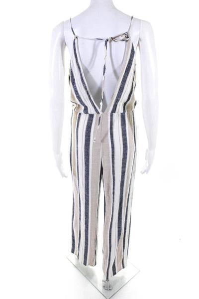 RTR Womens Striped Open Back Tie Front V Neck Wide Leg Jumpsuit Beige Size S