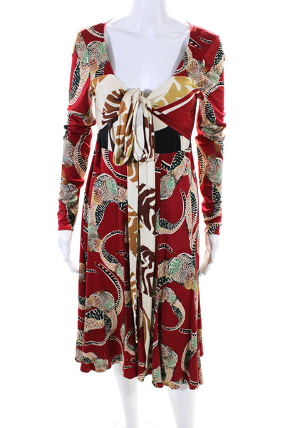 Issa London Womens Red Silk Mixed Print Scoop Neck Long Sleeve Shift Dress Size8