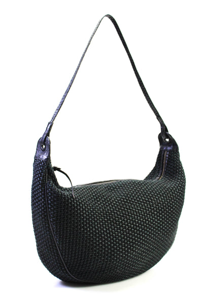 Bottega Veneta Womens Woven Fabric Zip Top Shoulder Bag Black Medium Handbag