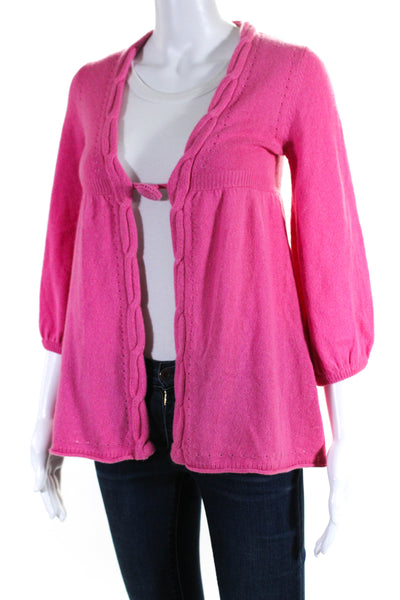 Christiane Celle Womens 3/4 Sleeve Cable Knit Cardigan Sweater Pink Cashmere XS