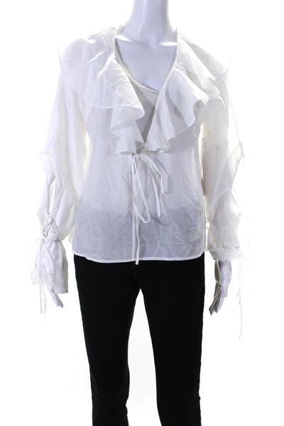 Modern Citizen Women's V-Neck Ruffle Long Sleeves Cotton Blouse White Size S