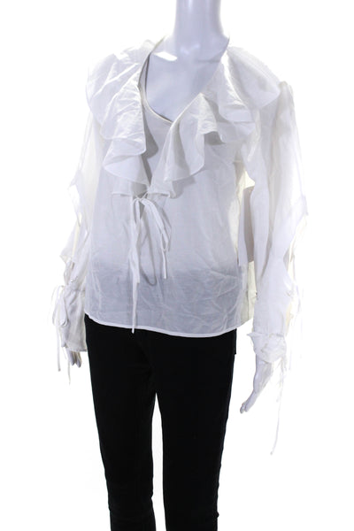 Modern Citizen Women's V-Neck Ruffle Long Sleeves Cotton Blouse White Size S