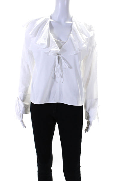 Modern Citizen Women's V-Neck Long Sleeves Ruffle Cotton Blouse White Size S