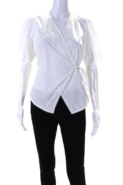 Modern Citizen Women's V-Neck Short Sleeves Wrap Blouse White Size S