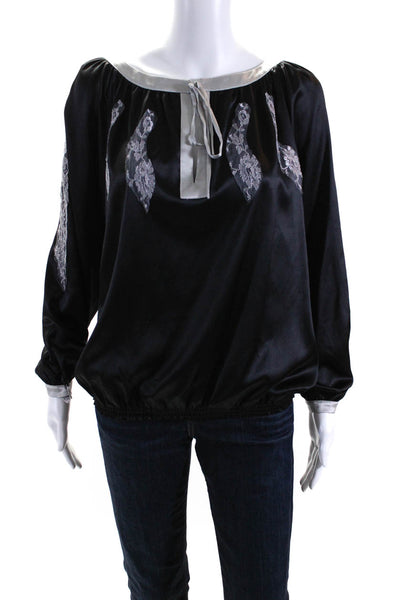 Vanita Rosa Womens Lace Tied Round Neck Long Sleeved Blouse Black Gray Size M