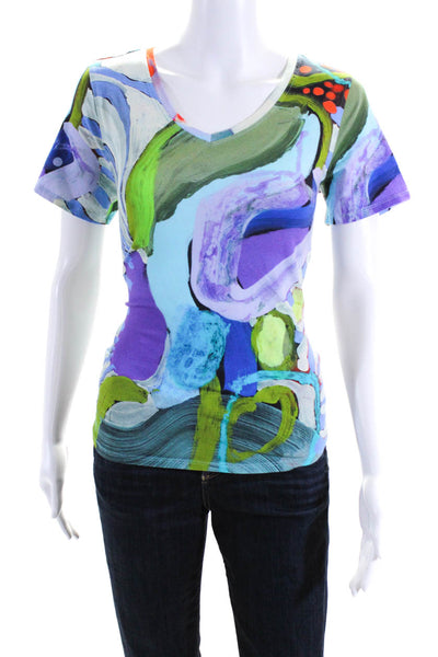 Claire Desjardins Womens Abstract Short Sleeved T Shirt Blue Green Purple Size S