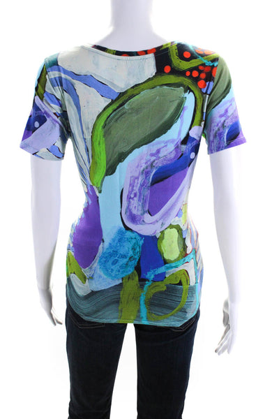 Claire Desjardins Womens Abstract Short Sleeved T Shirt Blue Green Purple Size S