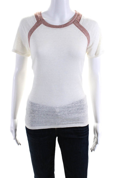 Maje Womens Metallic Trim Short Sleeved Round Neck T Shirt White Pink Size 1