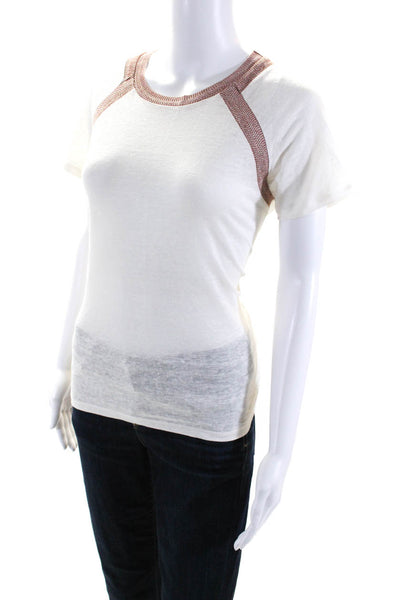 Maje Womens Metallic Trim Short Sleeved Round Neck T Shirt White Pink Size 1