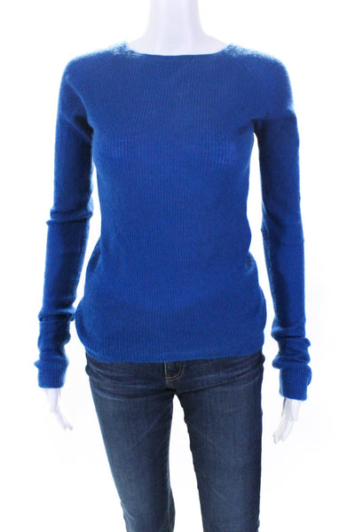 Designer Womens Long Sleeve Crew Neck Cashmere Ribbed Knit Sweater Blue Size XS
