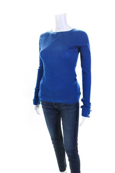 Designer Womens Long Sleeve Crew Neck Cashmere Ribbed Knit Sweater Blue Size XS