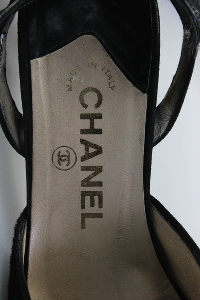 Chanel Womens Stiletto Pony Hair Ankle Strap Pointed Pumps Black Size 37.5
