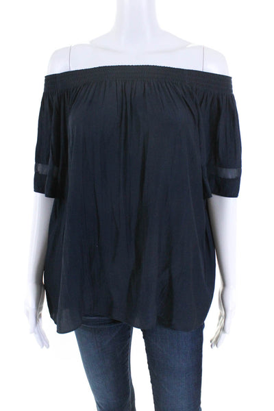 Ramy Brook Womens Crepe Smocked Off The Shoulder Blouse Top Navy Blue Size L