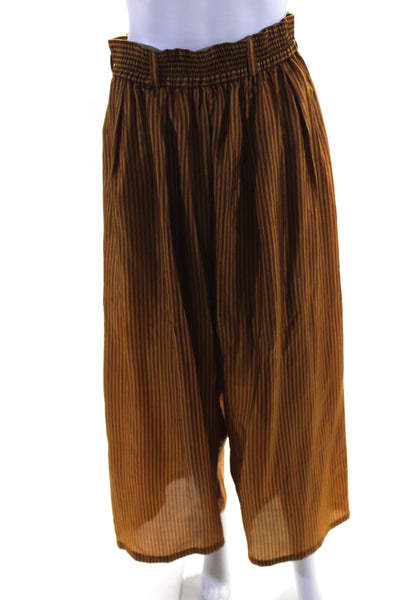 Mes DeMoiselles Paris Womens Silk Striped High-Rise Wide Leg Pants Brown Size 34