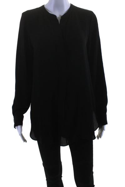 Theory Womens Silk Round Hem V-Neck Long Sleeve Pullover Blouse Top Black Size S