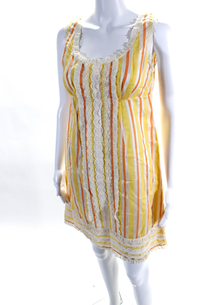 Anna Sui Womens Sleeveless Lace Trim Striped Shift Dress Yellow Orange Size 4