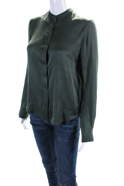 Vince Women's Round Neck Long Sleeves Button Down Silk Blouse Green Size 0