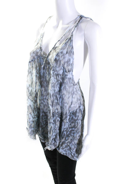 Chan Luu Womens Printed Chiffon V Neck Tank Top Blouse Light Blue Gray Medium