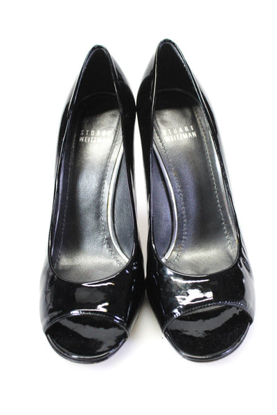 Stuart Weitzman Womens Patent Leather Peep Toe Pumps Black Size 8 Medium