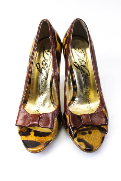 Dolce & Gabbana Womens Leather Animal Print Open Toe Bow Pumps Brown Size 36 6
