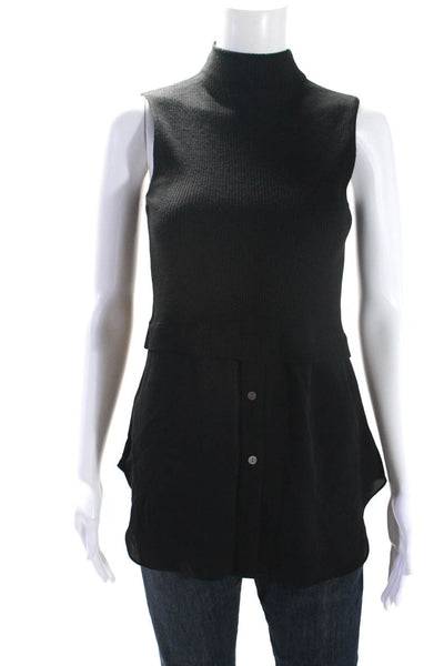 Theory Women's Mock Neck Sleeveless Ribbed Button Up Blouse Black Size P