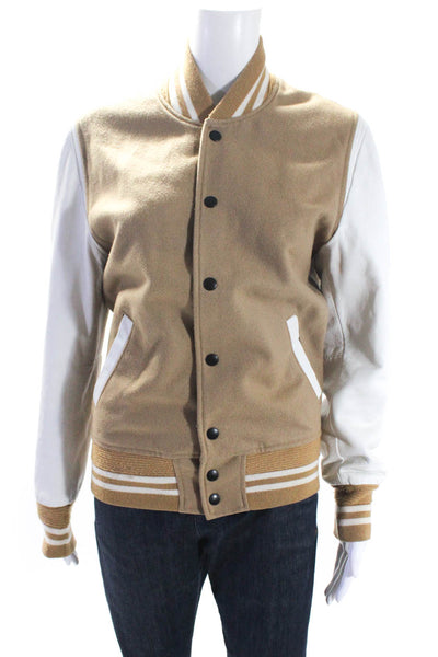 John Elliott Women's Long Sleeves Button Up Pockets Bomber Jacket Beige Size 2