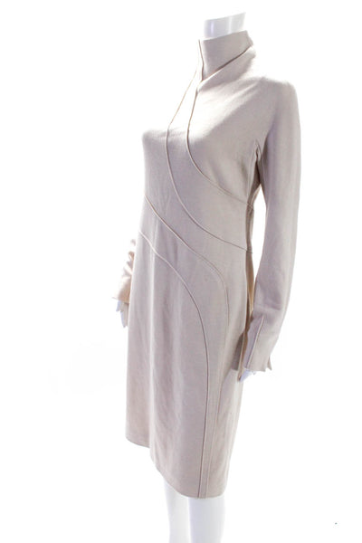 Chado Ralph Rucci Womens Mock Neck Long Sleeved Midi Shift Dress Beige Size 10