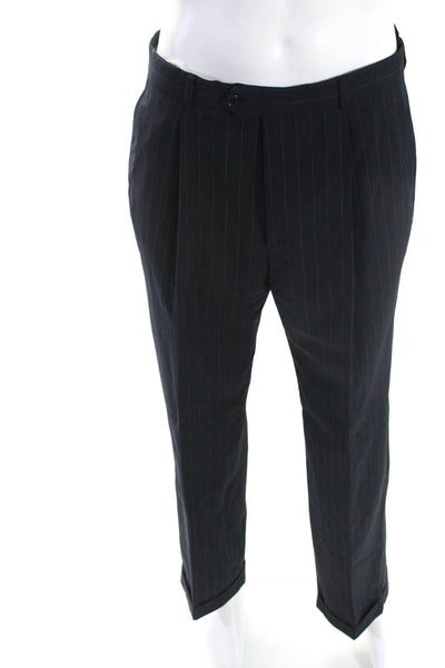 Armani Collezioni Mens Pinstriped Pleated Straight Dress Pants Navy Blue Size 40