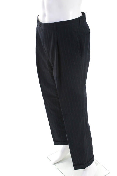 Armani Collezioni Mens Pinstriped Pleated Straight Dress Pants Navy Blue Size 40