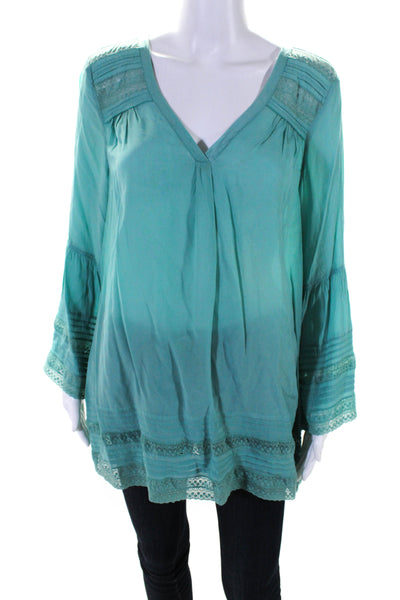 Calypso Saint Barth Womens Silk Crepe Lace V-Neck Blouse Top Teal Size M