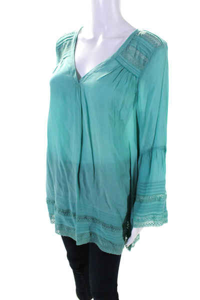 Calypso Saint Barth Womens Silk Crepe Lace V-Neck Blouse Top Teal Size M