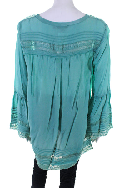 Calypso Saint Barth Womens Silk Crepe Lace V-Neck Blouse Top Teal Size M