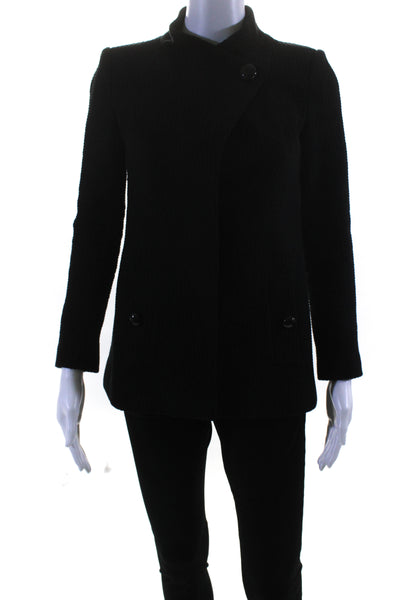 Chanel Womens Black Cotton Textured High Neck Long Sleeve Jacket Size 34