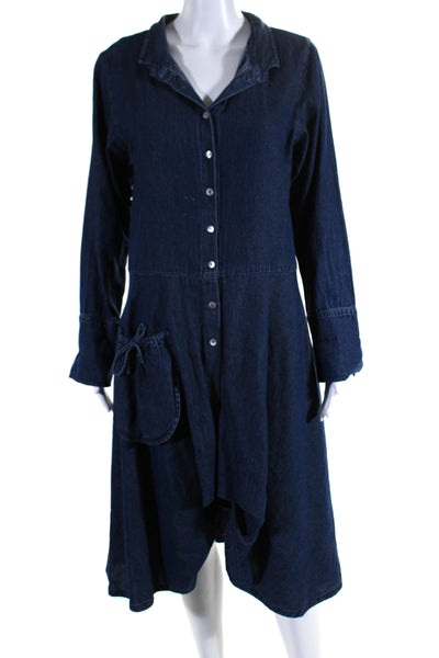 Pegasus Womens Cotton Denim Long Sleeve Flared Hem Midi Shirt Dress Blue Size M
